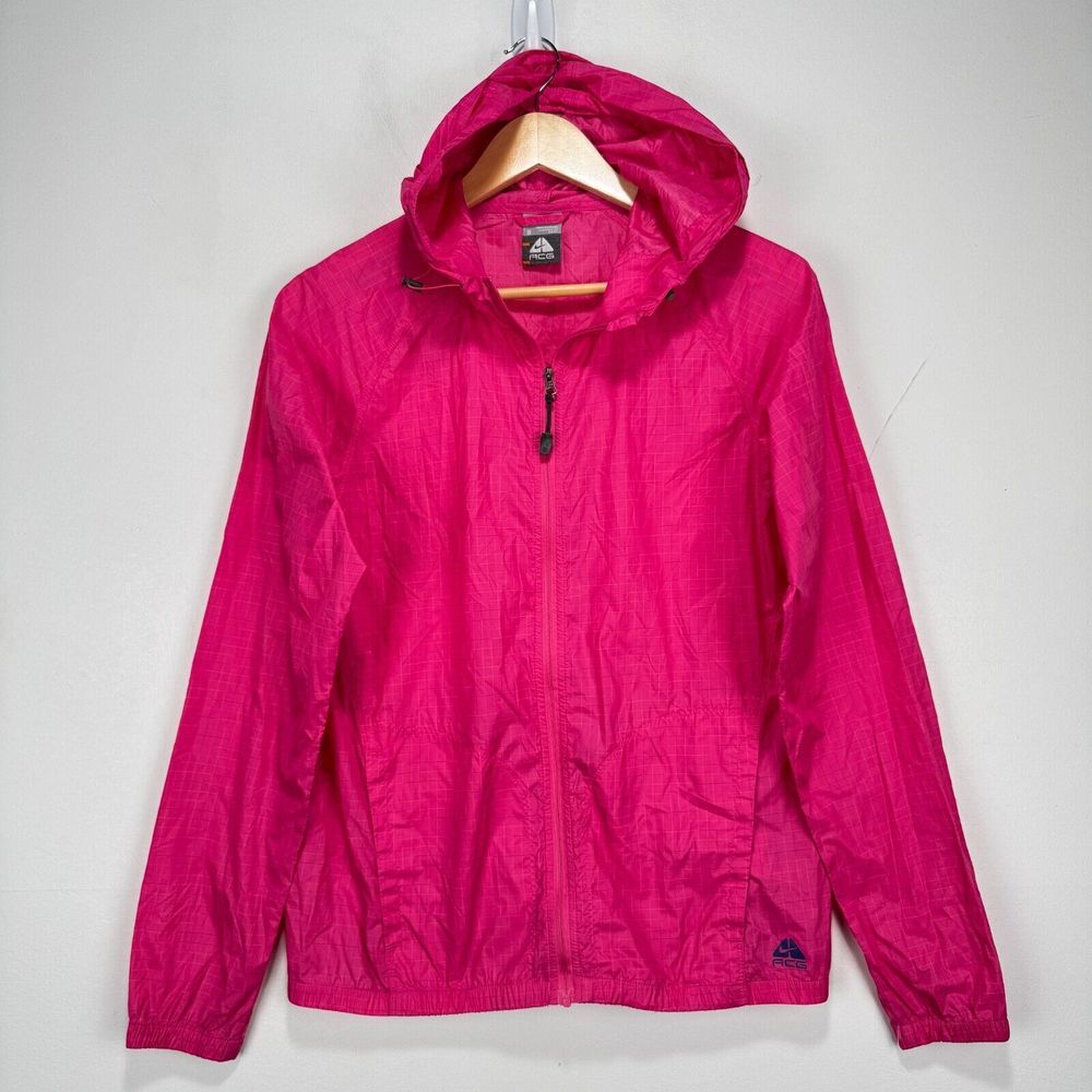 Vintage Nike ACG‎ Windbreaker Hoodie Jacket Women Small Pink Check Pockets Zip